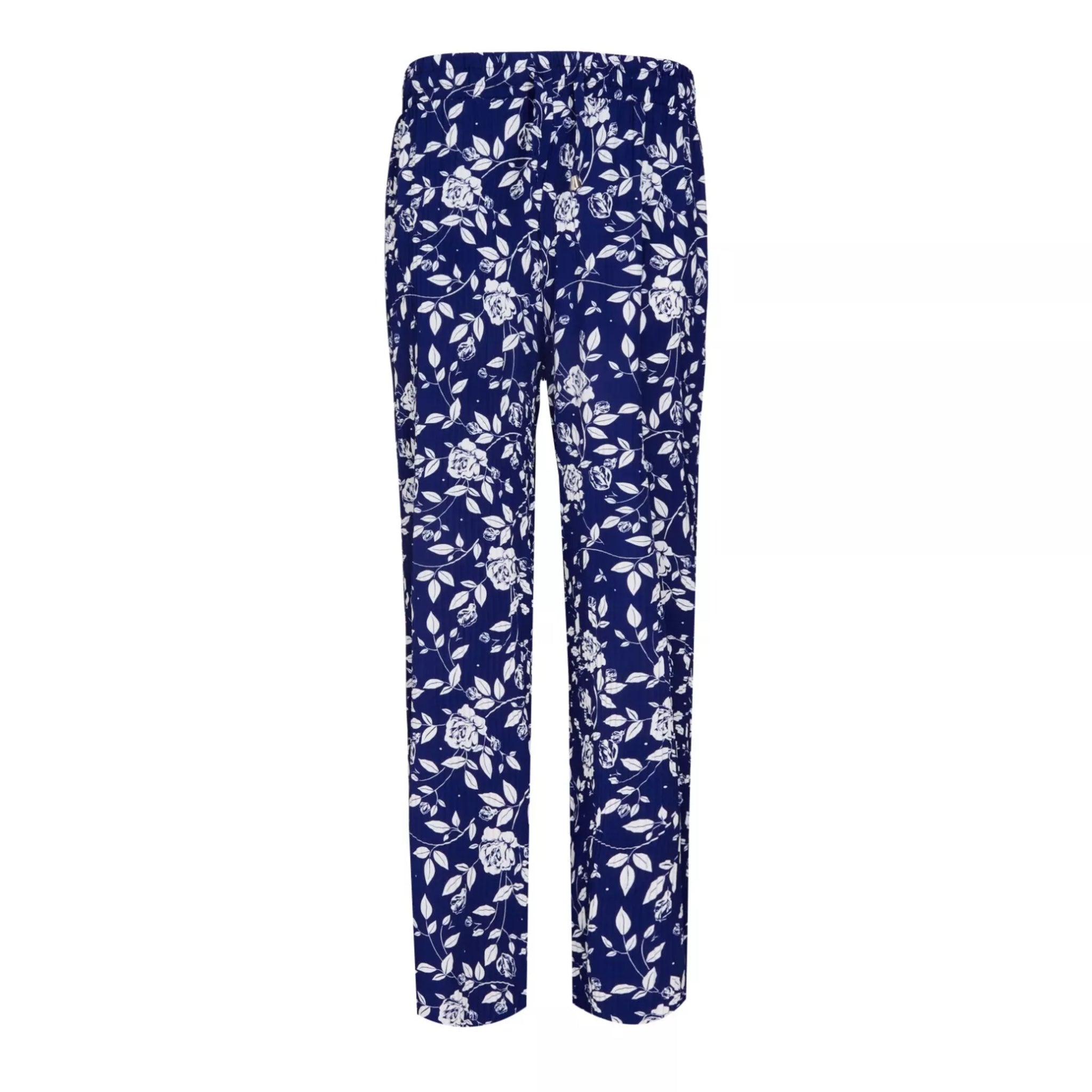 Ladies Soft Touch Navy Palazzo Trousers with White Floral Design – Comfortable Wide Leg Summer Pants